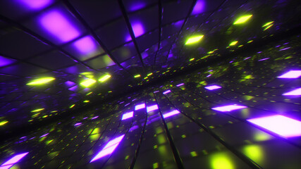 Fototapeta na wymiar Abstract flying in endless space of neon and metal cubes. Modern yellow purple color spectrum of light. 3d illustration