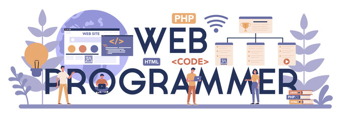 Web programmer typographic header concept. Coding, testing