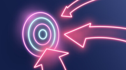 Reaching business goals concept. Neon arrows hitting target on dark background, illustration. Panorama
