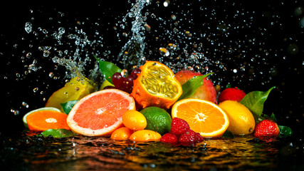 Freeze Motion Shot of Fresh Fruits with Splashing Water Isolated on Black Background.