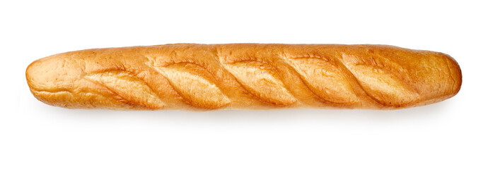Baked baguette isolated on white background. Top view of bread.