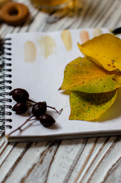 notebook for drawing with autumn leaves and a cup of tea with lemon