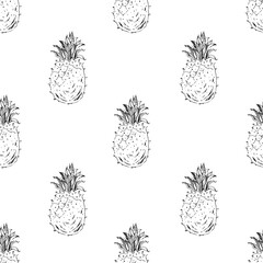Hand drawn seamless pattern. Ink sketch pineapples.