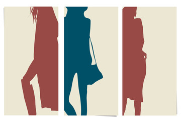 Young stylish women, fashion models. Isolated silhouettes. Vector