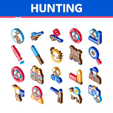 Hunting Equipment Icons Set Vector. Isometric Hunting Gun And Knife, Bullet And Trap, Dog And Deer, Photo Camera And Magnifier Illustrations