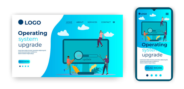 Operating system upgrade.People near the computer.Template for the user interface of the site's home page.Landing page template.The adaptive design of the smartphone.vector illustration.