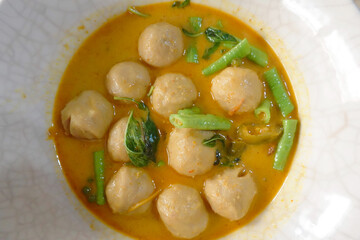 traditional real Thai culture Green curry paste cuisine or kaeng khiao wan with crabs meat beef balls box set famous street fast foods menu at thailand on wood     