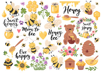 Fototapeta Honey, bees, quotes and other beekeeping hand drawn elements. Perfect for scrapbooking, greeting card, party invitation, poster, tag, sticker kit. Vector illustration. obraz