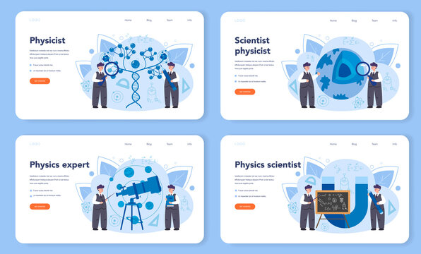 Physicist web banner or landing page set. Scientist explore electricity,