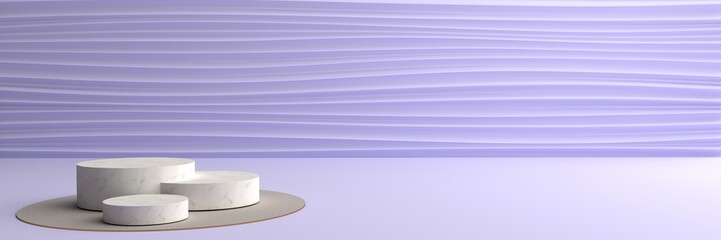 Round marble Podium, golden border, The light shines The violet wall into waves scene with pretty. Pedestal Can be used for commercial advertising, Isolated on violet background, 3D rendering.