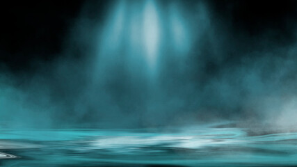 Dramatic dark background. Reflection of light on the water. Smoke fog. 3d illustration