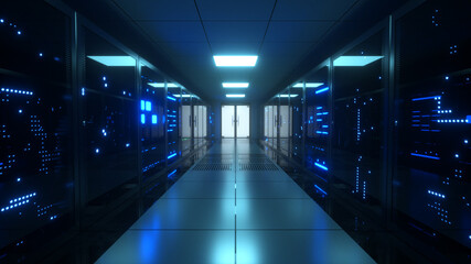 Big data servers. Data Solutions. Server room with working flickering panels behind the glass. Data center and internet. 3d illustration