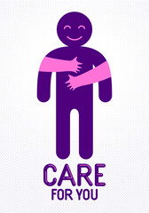 Loved man with care hands of a lover woman hugging and caresses his chest, vector icon logo or illustration in simplistic symbolic style.
