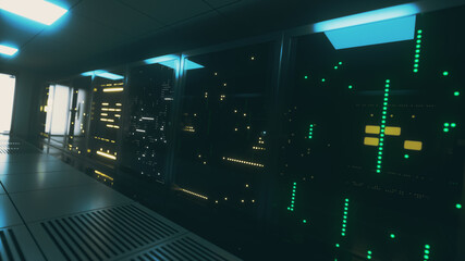Huge blocks of server data in the room. Server room with working flickering panels behind the glass. Data center and internet. Depth of field 3d illustration