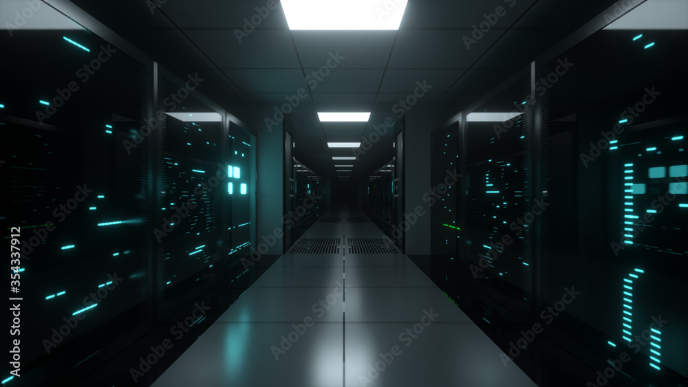 Poster endless flight along server blocks. data center and internet. server rooms with working flickering p