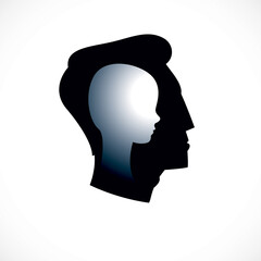 Psychology vector logo created with man head profile and little child boy inside, inner child concept, origin of human individuality and psychic problems. Psychotherapy and psychoanalysis concept.