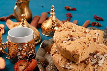 Close up photo of turkish national desserts with cup of coffee