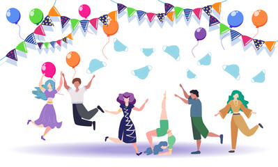 Naklejka premium Concept of ending pandemic. People celebrate the end of quarantine, throw masks in the air. coronavirus epidemic covid-19. Banner. Ending quarantine. Quarantine canceled.
