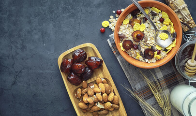 Healthy breakfast. Muesli from cereals with milk berries.