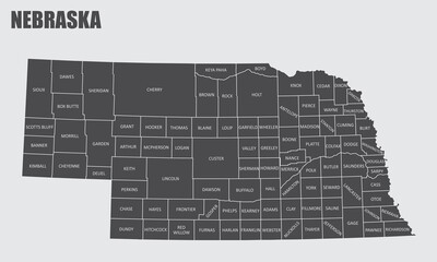 Nebraska County Map - obrazy, fototapety, plakaty