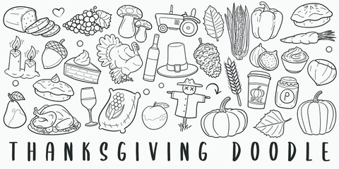Thanksgiving Autumn Doodle Line Art Illustration. Hand Drawn Vector Clip Art. Banner Set Logos.