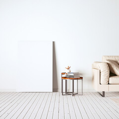 Realistic Interior Render with Wooden Floors, Cozy Sofa, Decorations and Frame Mockups