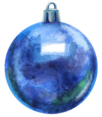 Watercolor blue Christmas ball isolated on a white background.