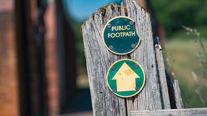 Public footpath right of way sign in closeup