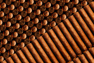 A vertical look of fresh hand-cooked new cigars.concept of a businessman's rich leisure