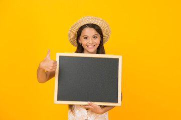 school holiday is starting. summer school study. adventure awaits. school summer program. kid fashion sale. copy space. little girl wear straw hat. travel concept. summer vacation for children