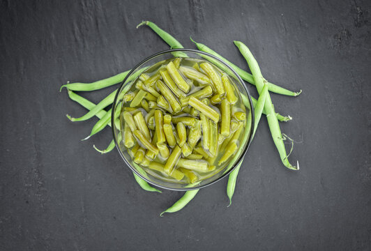 Preserved Green Beans (selective focus; close-up shot)