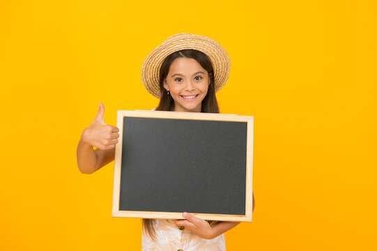 School Holiday Is Starting. Summer School Study. Adventure Awaits. School Summer Program. Kid Fashion Sale. Copy Space. Little Girl Wear Straw Hat. Travel Concept. Summer Vacation For Children