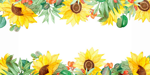 Watercolor hand painted nature garden plants banner frame with yellow sunflowers, orange sea buckthorn berries and green eucalyptus leaves on branch bouquet with the space for text