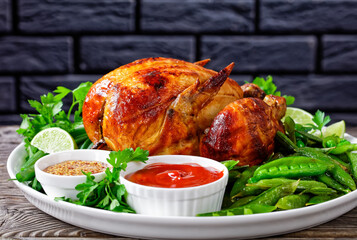 whole roast chicken on a white plate