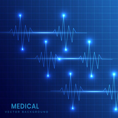 Medical background of heart beats on grid dark blue background.