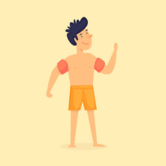 Boy on the beach with sleeves, summer vacation. Flat design vector illustration.