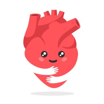 Kawaii heart loving self cartoon. Cheerful red heart joyfully hugs himself with his hands celebration love healthy life well functioning organ romantic fun vector lifestyle.