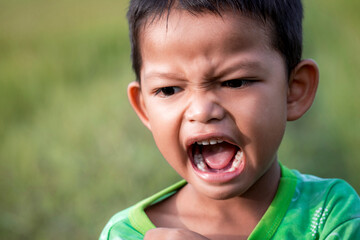 Portrait of little Asian child boy shouting outdoors on summer day