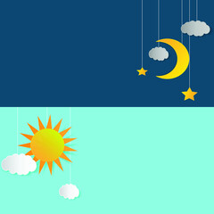Sun, moon and stars. Day and night vector banners isolated.