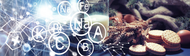 Fresh crunchy cookie with wheat and gluten on a black table. Bakery and grocery concept. Fresh, healthy sorts of rye and white cookies on sackcloth with milk. Homemade cookie with cereals.