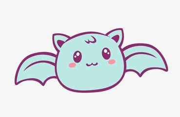 Kawaii bat cartoon. Enthusiastic funny little blue bat with wings and red blush anime style charming fantasy manga cute vector art magic creative fairy tale design.