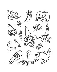 Vector set halloween.Clip art illustrations by the black line doodle hand drawn.Scary pumpkin,potion,mystical signs, bat,wizard hand with wand.Design for invitations,web,packings,social media.