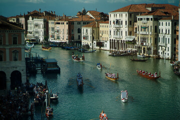 Historical Regatta on Grand Canal. Day view of the Grand Canal and the historic regatta in Venice, Italy.