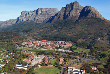 Fototapeta na wymiar Cape Town, Western Cape / South Africa - 05/19/2011 - Aerial photo of University of Cape Town with Table Mountain in the background