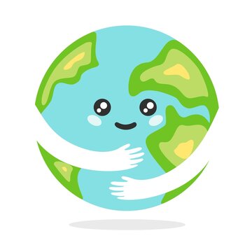 Happy kawaii planet earth. Cartoon blue planet earth with green continents joyfully hugs itself with hands global celebration of healthy ecosystem protection environment vector.