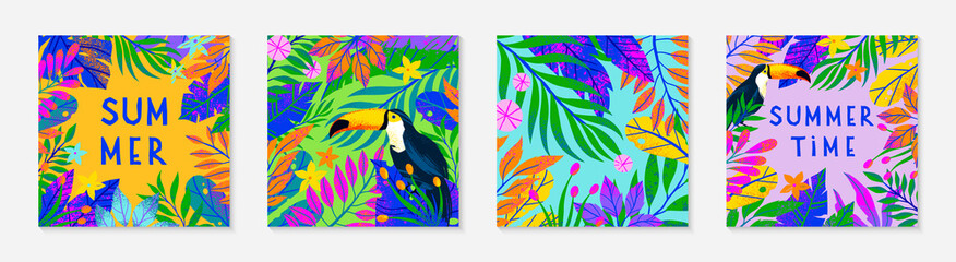 Bundle of summer vector illustration with bright tropical leaves,flowers,toucan.Multicolor plants with hand drawn texture.Exotic backgrounds perfect for prints,flyers,banners,invitations,social media