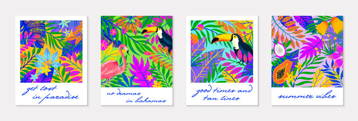 Set of summer vector illustration with bright tropical leaves,flamingo,toucan and exotic fruits.Multicolor plants.Exotic backgrounds perfect for prints,flyers,banners,invitations,social media.