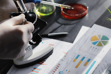 Laboratory research. Drug testing. Chemical experiments in the laboratory. Microscope various test tubes and beakers on the table at the medical officer.