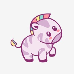 Zebra kawaii cartoon. Smiling funny little zebra with rainbow mane and touched anime style charming fantasy manga cute vector art magic creative fairy tale design.