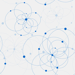 Seamless geometric pattern with connected circles and dots.